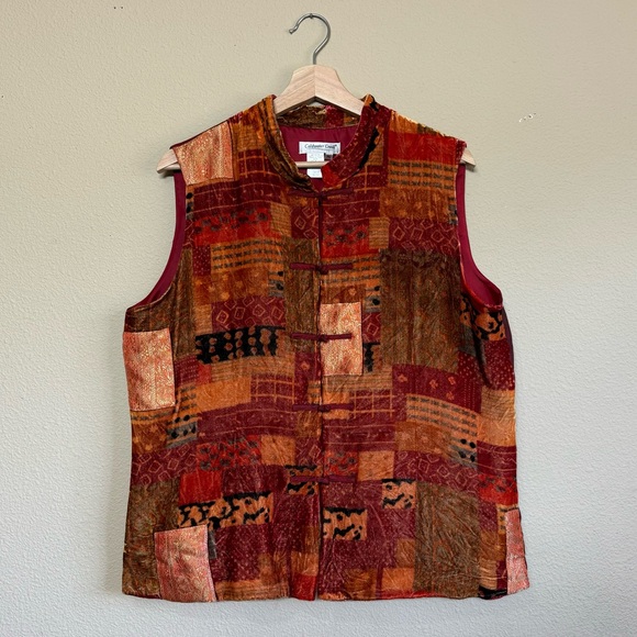 Coldwater Creek Jackets & Blazers - Coldwater Creek top women XL silk blend velvet patchwork vest red & orange